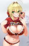  1girl ahoge bangs blonde_hair blush bra braid breasts buster_shirt cellphone cleavage closed_mouth fate/extra fate_(series) french_braid gachou green_eyes hair_intakes large_breasts long_hair looking_at_viewer navel nero_claudius_(fate) nero_claudius_(fate)_(all) panties phone red_bra red_panties red_shirt shirt shirt_lift short_sleeves smile t-shirt thighs underwear 