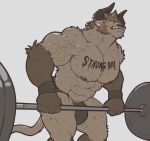  2017 abs anthro barazoku barbell biceps big_muscles bodily_fluids body_writing bulge clothed clothing crashbeast deadlift exercise facial_hair grey_background hair hi_res horn lynel male mammal muscular muscular_anthro muscular_male nightterror nipples sideburns simple_background solo standing sweat teeth topless topless_male vein veiny_muscles weightlifting workout 