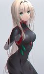  1girl an-94_(girls_frontline) aqua_eyes ass ayanami_rei ayanami_rei_(cosplay) bangs black_bodysuit black_hairband blonde_hair bodysuit breasts closed_mouth commentary_request cosplay evangelion:_3.0_you_can_(not)_redo eyebrows_visible_through_hair from_side girls_frontline grey_background hairband head_tilt long_hair looking_at_viewer medium_breasts neon_genesis_evangelion no_hands platinum_blonde_hair plugsuit rebuild_of_evangelion sidelocks solo urano_ura 