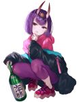  1girl bangs bob_cut bottle breasts eyeliner fangs fate/grand_order fate_(series) headpiece highres hood hooded_sweater horns jacket long_sleeves looking_at_viewer makeup off_shoulder oni oni_horns open_clothes open_jacket open_mouth pants pink_footwear pink_sweater purple_eyes purple_hair purple_jacket purple_pants sake_bottle shoes short_hair shuten_douji_(fate/grand_order) simple_background skin-covered_horns small_breasts smile sneakers squatting sweater tight tight_pants under_the_same_sky white_background yuma_(mron_322) 