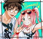  1boy 1girl bracelet brown_eyes brown_hair commentary english_text eyewear_on_head glasses green_eyes jewelry long_hair looking_at_viewer looking_to_the_side macross macross_7 mio_(matcha) mylene_jenius necklace nekki_basara one_eye_closed pink_hair side_ponytail summer sunglasses thick_eyebrows v 