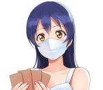  1girl a1 blue_hair card casual commentary_request facial_mask long_hair love_live! love_live!_school_idol_project playing_card playing_games simple_background solo sonoda_umi tank_top upper_body white_background white_tank_top yellow_eyes 
