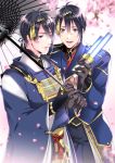  2boys absurdres black_gloves black_hair black_pants blue_eyes blurry blurry_background cherry_blossoms coat dual_persona gloves glowstick hairband highres japanese_clothes kariginu male_focus mikazuki_munechika multiple_boys musical_touken_ranbu open_mouth oriental_umbrella pants petals shibaken smile tassel touken_ranbu umbrella 