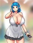  1girl babydoll bangs bare_shoulders blue_hair blurry blurry_background blush bracelet breasts cellphone cleavage curvy dress english_commentary engrish_commentary erkaz eyebrows_visible_through_hair hairband hand_on_ear headphones highres holding holding_phone huge_breasts jewelry medium_hair original phone pink_hairband red_eyes rina_atherina smartphone thighs white_babydoll white_dress 
