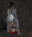  absurd_res anthro belly big_belly biped bodily_fluids egg felid feline female genitals hi_res humanoid kneeling lynx lyxolf_(artist) mammal oviposition pregnant solo 