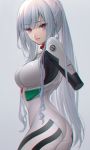  1girl ak-12_(girls_frontline) ass ayanami_rei ayanami_rei_(cosplay) bangs bodysuit breasts commentary_request cosplay eyebrows_visible_through_hair from_side girls_frontline grey_background head_tilt high_ponytail large_breasts long_hair long_ponytail looking_at_viewer neon_genesis_evangelion no_hands parted_lips pink_eyes plugsuit smile solo urano_ura white_bodysuit white_hair 