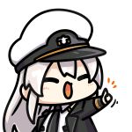  1girl ^_^ azur_lane belt black_belt black_coat black_neckwear chibi closed_eyes coat enterprise_(azur_lane) hat kagami_kino long_hair military_hat open_clothes open_coat open_mouth peaked_cap shirt sleeveless sleeveless_shirt smile solo thumbs_up underbust white_hair white_headwear 