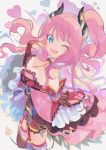  1girl ;d blue_eyes boots brown_footwear character_request copyright_request dress eyebrows_visible_through_hair highres horns looking_at_viewer one_eye_closed open_mouth pink_dress pink_hair side_ponytail single_horn smile solo thigh_boots thighhighs v wavy_hair zuho_(vega) 