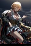  1girl bangs bare_shoulders black_coat blonde_hair blush boots bra braid breasts choker cigarette cleavage closed_mouth coat dress floating_hair fur-trimmed_coat fur_trim girls_frontline highres holding holding_cigarette leaning long_hair looking_at_viewer night off_shoulder ots-14_(girls_frontline) outdoors red_bra ribbon silence_girl single_thighhigh skirt smoke solo star_(symbol) star_choker thighhighs underwear very_long_hair wind yellow_eyes 