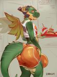  anthro bottomwear bulge clothed clothing darkgem dragon fast_food femboy_hooters food girly green_body green_scales hi_res hooters horn icarus_(darkgem) jewelry looking_at_viewer male rear_view red_eyes scales scalie shorts simple_background smile solo thick_ass thick_tail wings 