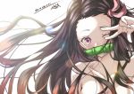 1girl absurdres artist_name bare_shoulders black_hair breasts collarbone hair_ornament highres kamado_nezuko kimetsu_no_yaiba long_hair looking_at_viewer medium_breasts mike3284 multicolored_hair no_shirt one_eye_closed pink_ribbon purple_eyes ribbon signature simple_background solo v_over_eye w white_background 