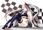  1girl absurdres azur_lane bare_shoulders belt boots breasts cat_(yidsv) checkered checkered_flag clothing_cutout cropped_shirt flag full_body headgear high_heels highres large_breasts long_hair looking_at_viewer miniskirt official_alternate_costume panties panty_straps prinz_eugen_(azur_lane) prinz_eugen_(final_lap)_(azur_lane) purple_footwear race_queen red_hair red_panties silver_hair sitting skirt thigh_boots thighhighs underboob underboob_cutout underwear very_long_hair white_belt yellow_eyes 