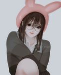  1girl animal_ears animal_hat aoi_ogata artist_name bangs black-framed_eyewear brown_eyes brown_hair bunny_ears bunny_hat clip_studio_paint_(medium) collared_shirt commentary commission english_commentary fake_animal_ears glasses grey_background grey_shirt hair_between_eyes hat highres knee_up long_hair long_sleeves looking_at_viewer original parted_lips pink_headwear red_lips round_eyewear shirt simple_background smile solo 