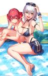  2girls :3 :d absurdres bare_legs beach_mat bikini bracelet breasts cleavage eyewear_on_head green_eyes grey_hair heterochromia highres hololive houshou_marine innertube jewelry kakage large_breasts multiple_girls open_mouth red_eyes red_hair shirogane_noel sitting skirt smile sunglasses swimsuit twintails virtual_youtuber yellow_eyes 