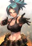  1girl bangs bare_shoulders black_gloves black_tank_top blue_eyes blue_hair breasts cleavage gas_can gloves hankuri jewelry leona_heidern long_hair midriff military muscle navel ponytail snk soldier solo tank_top the_king_of_fighters 
