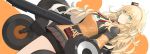  bike_shorts black_shorts blonde_hair blue_eyes commentary_request dutch_angle fabarm_sat-8 fluffy from_side girls_frontline grey_skirt gun hairband headgear highres jacket long_hair looking_at_viewer messy_hair mikoto_(oi_plus) miniskirt necktie orange_background orange_hairband orange_jacket s.a.t.8_(girls_frontline) shield short_shorts shorts shotgun shotgun_shells skirt two-tone_background weapon white_background 