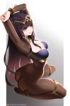  1girl anklet arched_back armpits arms_behind_head arms_up ass bangs black_nails blush bodystocking breasts circlet cleavage closed_mouth collar fire_emblem fire_emblem_awakening gradient gradient_background highres jewelry legs long_hair medium_breasts metal_collar scan sitting tharja_(fire_emblem) thighlet tofuubear two_side_up wariza 