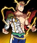  1boy abs alternate_eye_color artofkuroshinki bara blonde_hair blue_eyes bodysuit boku_no_hero_academia bright_pupils cape chest highres lightning male_focus muscle pectorals simple_background solo superhero toogata_mirio torn_clothes upper_body 