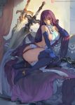  1girl altina bare_shoulders bed blue_eyes blue_gloves blue_legwear breasts commentary cutesexyrobutts elbow_gloves fire_emblem gloves highres long_hair looking_at_viewer nintendo purple_hair sideboob solo sword thick_thighs thighhighs thighs very_long_hair weapon 