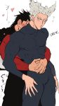  2boys bara black_hair blush bodysuit character_request chun_(luxtan) couple garou_(one-punch_man) highres hug hug_from_behind multiple_boys one-punch_man silver_hair spiked_hair tagme tight toned toned_male yaoi yellow_eyes 