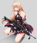  1girl bare_legs bare_shoulders black_gloves blonde_hair blue_eyes breasts collarbone eyebrows_visible_through_hair fingerless_gloves flugel_(kaleido_scope-710) girls_frontline gloves gun h&amp;k_mg36 hair_ornament heterochromia highres holding holding_gun holding_weapon long_hair mg36_(girls_frontline) off_shoulder partly_fingerless_gloves shoes solo weapon yellow_eyes 