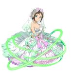  1girl blue_bow blue_eyes bow breasts bridal_veil brown_hair cleavage closed_mouth collarbone dress gloves hair_bow highres jewelry kneeling layered_dress long_dress looking_at_viewer medium_breasts necklace official_art pink_bow ronye_arabel short_hair sleeveless sleeveless_dress smile solo strapless strapless_dress sword_art_online sword_art_online:_memory_defrag transparent_background veil wedding_dress white_dress white_gloves 