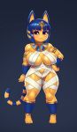  absurd_res animal_crossing ankha_(animal_crossing) anthro bandage big_breasts black_background breasts cleavage clothed clothing curvy_figure domestic_cat felid feline felis female hand_on_hip headgear headwear hi_res hourglass_figure looking_at_viewer mammal nintendo pinup pose rizdraws simple_background solo thick_thighs video_games 