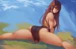  1girl alternate_costume ass bare_shoulders breasts brown_eyes brown_hair chun-li commentary covered_nipples large_breasts lips long_hair looking_at_viewer looking_back muscle shexyo sideboob signature solo street_fighter thick_thighs thighs toned 