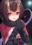  1girl bangs black_bow black_gloves blunt_bangs blurry blurry_background bow breasts broken_horn capelet cleavage demon_girl eriko_(princess_connect!) evil_smile fur-trimmed_capelet fur_trim gloves hands_up heart horns interlocked_fingers large_breasts looking_at_viewer parted_lips princess_connect! princess_connect!_re:dive purple_eyes red_capelet shaded_face shiny shiny_hair short_hair smile solo symbol-shaped_pupils tail tail_raised umarutsufuri upper_body 