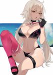  1girl ahoge bikini black_bikini black_gloves breasts cleavage fate/grand_order fate_(series) gloves hair_between_eyes highres jeanne_d&#039;arc_(alter_swimsuit_berserker) jeanne_d&#039;arc_(fate)_(all) large_breasts letterboxed long_hair navel oni_noodle pink_legwear single_thighhigh skindentation solo swimsuit thigh_strap thighhighs thighs yellow_eyes 