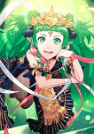  1girl :d absurdres arm_strap bangs barefoot blue_dress dress fire_emblem fire_emblem:_three_houses floating_hair flying full_body green_eyes green_hair headpiece highres long_dress long_hair looking_at_viewer open_mouth pink_ribbon pointy_ears ribbon shiny shiny_hair shiyo_(jkke5275) side_slit sleeveless sleeveless_dress smile solo sothis_(fire_emblem) very_long_hair 