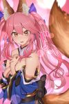  1girl absurdres animal_ear_fluff animal_ears bare_shoulders blue_kimono blue_ribbon blush breasts cleavage commentary commentary_request detached_sleeves eyebrows_visible_through_hair fang fate/extella fate/extra fate/extra_ccc fate/grand_order fate_(series) fox_ears fox_girl fox_tail hair_ribbon highres japanese_clothes kimono large_breasts looking_at_viewer open_mouth pink_hair ribbon shirofugu solo tail tamamo_(fate)_(all) tamamo_no_mae_(fate) yellow_eyes 