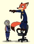  2020 anthro belt bottomwear canid canine chair clothed clothing disney duo fox fully_clothed furniture green_eyes hi_res judy_hopps lagomorph leporid looking_at_another mammal necktie nick_wilde office_chair pants purple_eyes rabbit red_fox shirt simple_background standing theblueberrycarrots topwear unprofessional_behavior zootopia 
