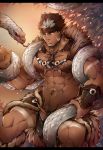  1boy abs bara beard brown_hair bulge chest dark_skin dark_skinned_male facial_hair headband highres jewelry looking_at_viewer male_focus mao_ten_go muscle navel necklace nipples pectorals penis_peek pointy_ears revealing_clothes shirtless snake solo spiked_hair tangaroa tattoo tokyo_houkago_summoners upper_body white_hair yellow_eyes 