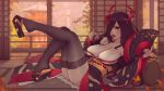  1girl azur_lane bare_shoulders black_hair black_kimono black_legwear blurry blurry_background breasts building cleavage day english_commentary eyeshadow fan feather_trim flower friedrich_der_grosse_(azur_lane) friedrich_der_grosse_(dark_raiments_of_gagaku)_(azur_lane) fur-trimmed_kimono fur_trim hair_over_one_eye holding holding_fan horns japanese_clothes kimono large_breasts lips long_hair looking_at_viewer low_neckline lying makeup mechanical_horns off-shoulder_kimono on_back red_flower red_horns sandals sliding_doors soranamae thighhighs yellow_eyes 