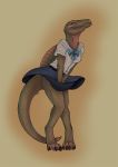 anthro asian_clothing blue_bottomwear blue_clothing blue_skirt blush bottomwear brown_body claws clothing covering covering_self digitigrade dinosaur dorsal_ridge dress_shirt east_asian_clothing eyes_closed female happy humanoid japanese_clothing knees_together line_art orange_background pattern_clothing reptile ribbons sanguinea_melimela scalie school_uniform shirt simple_background skirt solo spinosaurid spinosaurus striped_clothing stripes tail_between_legs teeth teeth_showing theropod tongue tongue_out topwear uniform white_clothing white_shirt white_topwear wind 