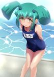  1girl absurdres aqua_hair arms_behind_back bangs blue_swimsuit character_name closed_mouth collarbone eyebrows_visible_through_hair flat_chest hair_between_eyes highres leaning_forward long_hair looking_at_viewer luca_(yuu-gi-ou) muto_dt pool school_swimsuit shiny shiny_hair smile solo standing sweatdrop swimsuit twintails yellow_eyes yuu-gi-ou yuu-gi-ou_5d&#039;s 