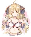  1girl ahoge anila_(granblue_fantasy) bare_shoulders bikini black_bikini blonde_hair blue_flower blush breasts brown_eyes cleavage closed_mouth collarbone curled_horns draph flower front-tie_bikini front-tie_top granblue_fantasy hair_flower hair_ornament hands_up horns large_breasts layered_bikini long_hair looking_at_viewer meito_(maze) navel pink_flower ribbon-trimmed_bikini sheep_horns short_eyebrows solo swimsuit thick_eyebrows upper_body very_long_hair white_bikini 