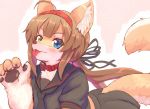  2020 5_fingers accessory anthro blue_eyes blush brown_hair canid canine clothing collar daiha female fingers fox green_eyes hair hair_accessory hairband heterochromia hi_res inner_ear_fluff looking_at_viewer mammal pawpads school_uniform simple_background smile solo tongue tongue_out tuft uniform white_background 