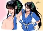  1boy black_hair blue_eyes blush closed_mouth drifters eyebrows_visible_through_hair eyes_visible_through_hair green_ribbon hair_ribbon half-closed_eyes hands_on_hips leaning_forward long_hair male_focus multiple_views nasu_no_yoichi nipples one_eye_covered otoko_no_ko parted_lips ponytail ribbon smile translation_request usagi_nagomu very_long_hair 