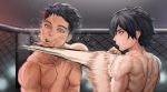  2boys abs absurdres battle black_hair blurry blurry_background boxing clenched_hands closed_mouth collarbone grey_eyes highres indoors male_focus mixed_martial_arts multiple_boys muscle nice_(kingzone) nipples open_mouth original punching saliva speed_lines sweat teeth upper_teeth 