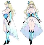  1girl bare_shoulders blonde_hair blue_footwear boots breasts butterfly_hair_ornament cameltoe closed_mouth concept_art covered_nipples detached_sleeves diadem dress elf hair_ornament huge_breasts knee_blush knee_boots long_hair looking_at_viewer morphona_(usagi_nagomu) multiple_views navel open_clothes open_dress original pointy_ears revealing_clothes simple_background smile thighhighs usagi_nagomu white_background 