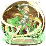  1girl bangs blonde_hair boots breastplate breasts cleavage closed_mouth faux_figurine floating_hair full_body garter_belt gloves green_gloves green_skirt grey_eyes hair_between_eyes hair_tubes highres holding holding_sword holding_weapon leafa leafa_(terraria) long_hair medium_breasts official_art outstretched_arm ponytail sidelocks skirt solo standing sword sword_art_online sword_art_online:_memory_defrag thigh_boots thighhighs transparent_background very_long_hair weapon white_footwear 