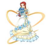  1girl blue_flower blue_ribbon blue_rose blush bouquet closed_mouth collarbone dress floating_hair flower full_body gloves hair_flower hair_intakes hair_ornament highres holding holding_bouquet layered_dress long_dress long_hair official_art red_eyes red_hair ribbon rose shiny shiny_hair sleeveless sleeveless_dress smile solo standing sword_art_online sword_art_online:_memory_defrag tiese_schtrinen transparent_background very_long_hair wedding_dress white_dress white_flower white_gloves white_ribbon white_rose 