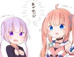  2girls crossover figureheads formal gurantsu multiple_girls new_game! orange_hair purple_eyes purple_hair ririka_(figureheads) suit suzukaze_aoba translation_request twintails 