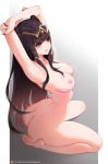  1girl arched_back armpits arms_behind_head arms_up ass bangs barefoot black_nails blush breasts circlet closed_mouth fire_emblem fire_emblem_awakening gradient gradient_background highres legs long_hair medium_breasts nipples nude scan sitting tharja_(fire_emblem) tofuubear two_side_up wariza 