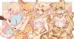  2019 5_fingers anthro blonde_hair blush breasts cute_fangs daiha eyewear felid feline felis female fingers fur glasses green_eyes group hair hand_on_hip hi_res kemono_friends leopardus looking_at_viewer mammal margay margay_(kemono_friends) open_mouth pawpads playing_music sand_cat sand_cat_(kemono_friends) scarf serval serval-chan short_hair simple_background smile tan_body tan_fur tongue tongue_out yellow_eyes 