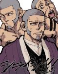  1boy bara beard black_eyes chun_(luxtan) collage collarbone derivative_work facial_hair golden_kamuy japanese_clothes kimono looking_at_viewer male_focus manly multiple_views muscle shaved_head shiraishi_yoshitake simple_background solo sweatdrop toned toned_male upper_body 