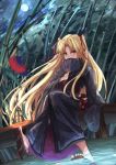  1girl bamboo bangs bellsugar blonde_hair blush commentary_request ereshkigal_(fate/grand_order) eyebrows_visible_through_hair fan fate/grand_order fate_(series) hair_ribbon highres holding holding_fan knees_together_feet_apart long_hair looking_at_viewer moon night outdoors parted_bangs red_eyes red_ribbon ribbon sash sitting sky solo toes very_long_hair wide_sleeves 