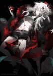  1girl animal_ears arknights artist_name black_jacket blood breasts fingerless_gloves flower gloves grey_eyes hair_ornament hairclip highres jacket lappland_(arknights) long_hair min_(120716) red_flower red_rose rose scar scar_across_eye shorts silver_hair solo stabbed tail watermark web_address wolf_ears wolf_tail 